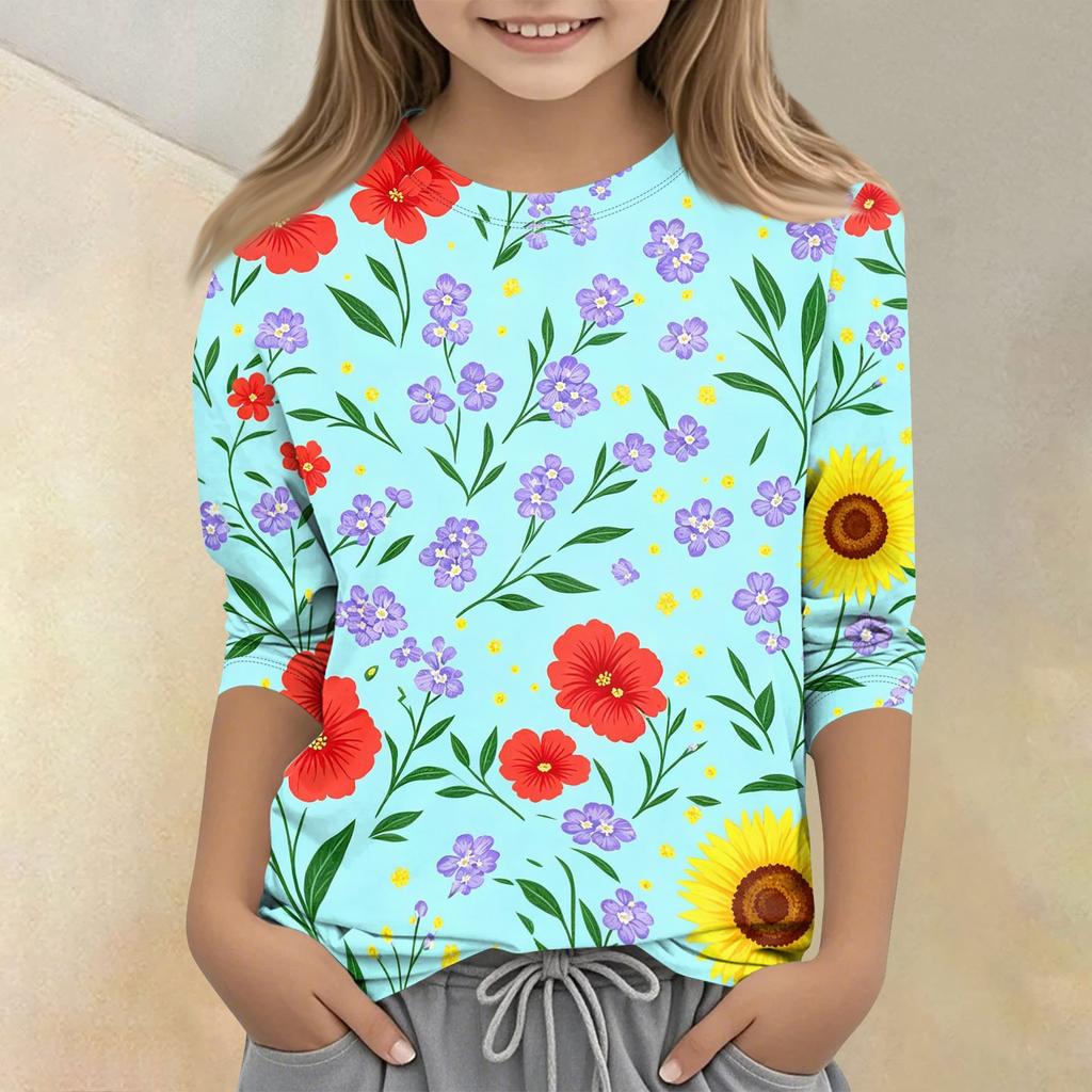 Girls Floral Print Crew Neck Three Quarter Sleeve Casual T Shirt Lightweight Soft Fabric Comfortable Fit Everyday Wear