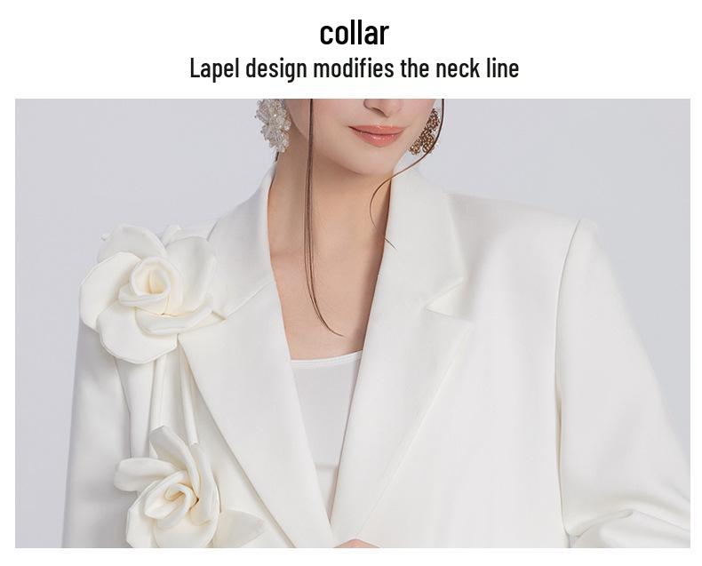 Jachetă Costum Casual cu Design Floral Alb 3D de Primăvară 2024