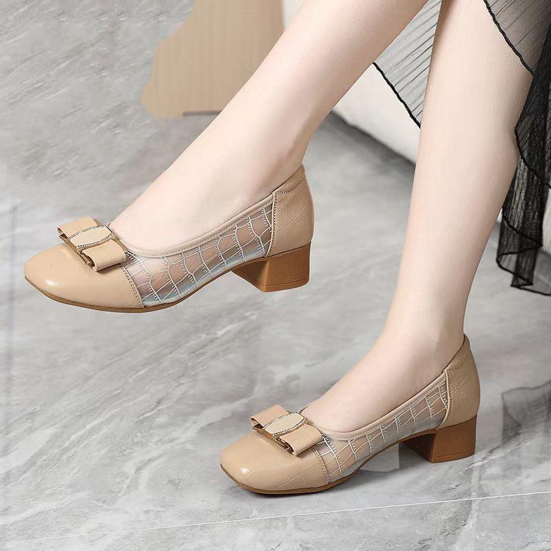 Woman Pumps Leather Casual with Medium Heels Shoes for Women Bow Square Toe Elegant Dress Young Popular Chic Point Footwear 39