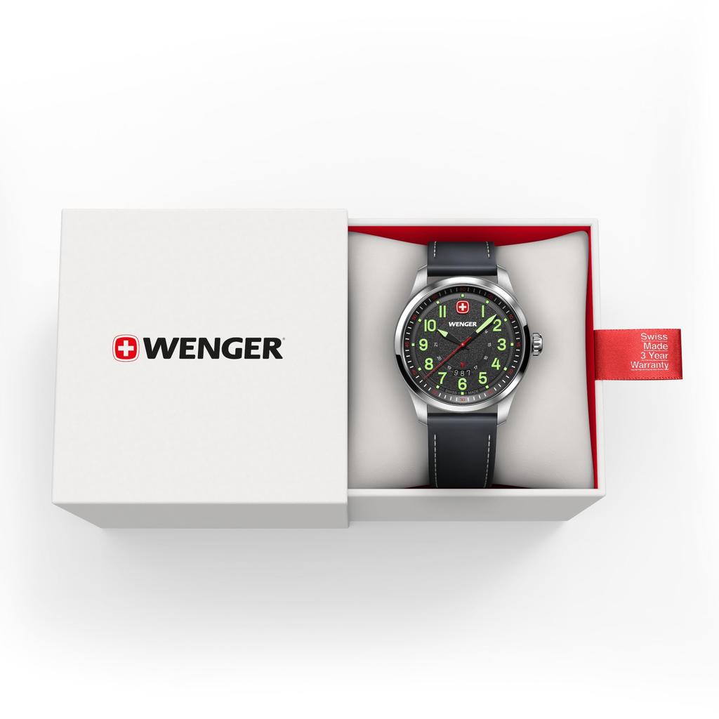 WENGER TERRAGRAPH Watch Stainless Steel Case Black Dial Black Leather Strap Quartz 100m Water Resistant Gift Analog Men's (316L) [] 01.0541.121