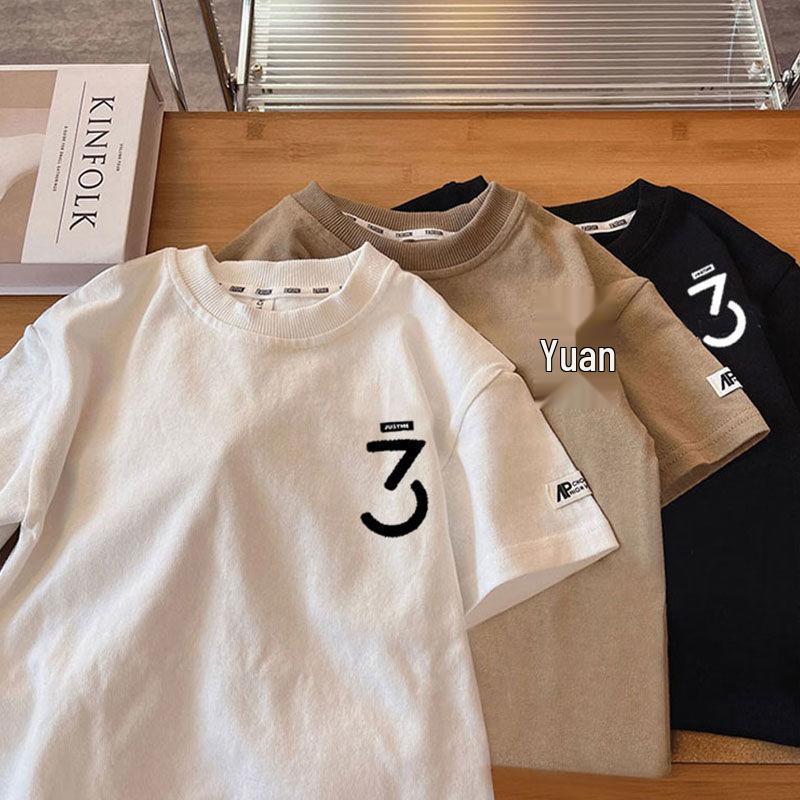 Boys' Trendy Cool 2025 Summer Korean-Style Short Sleeve Cotton T-Shirt for Kids