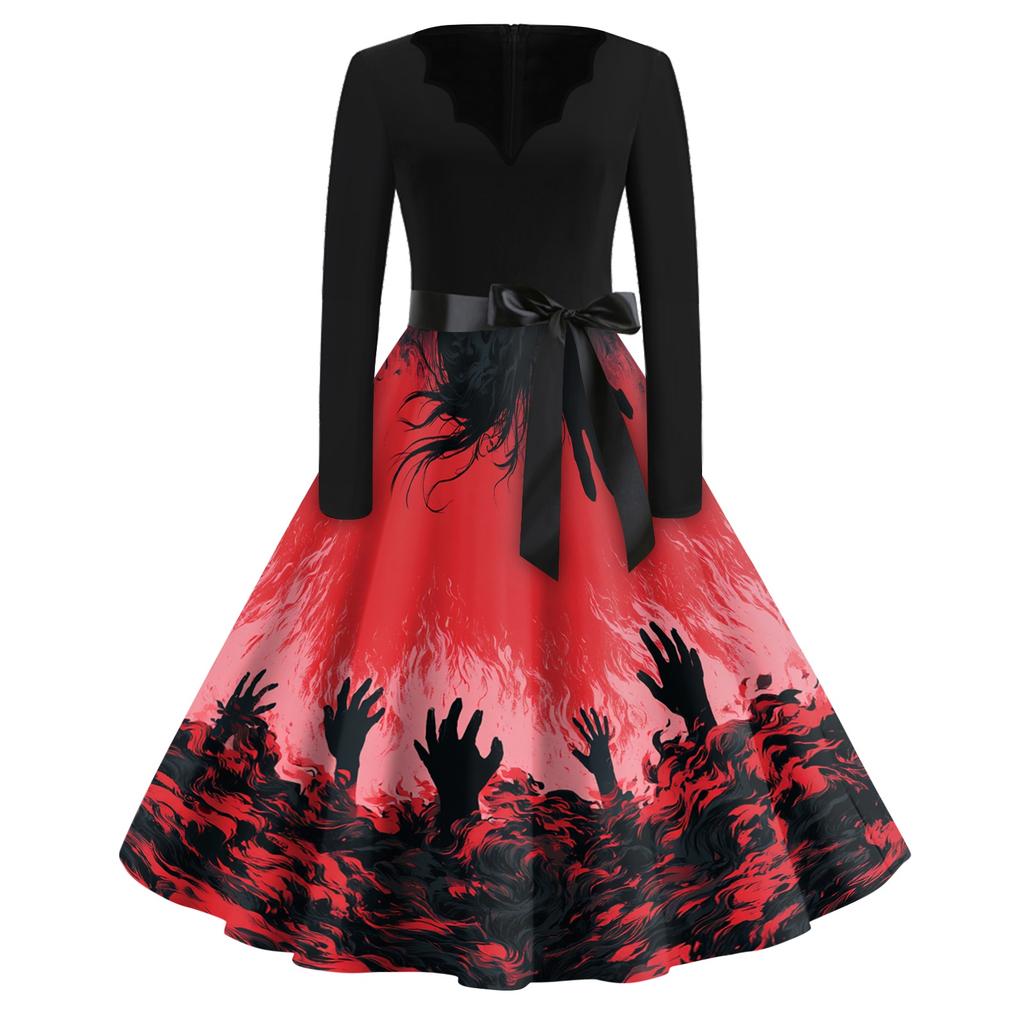 Womens Casual V Neck Halloween Print Vintage Dress Long Sleeve Retro Fit and Flare Midi Dress with Waist Tie Belt