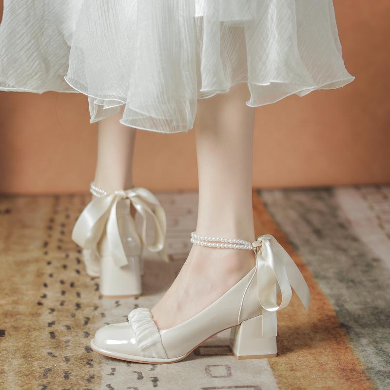 Scarpe da damigella d'onore per fidanzamento vento fatato non stancano da indossare quotidianamente, delicato vento serale tacchi spessi tacchi alti Mary Jane scarpe singole donne