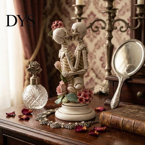 Decorazione per la Casa Dark Romantica Resina Coppia di Scheletri che si Abbracciano Statuetta con Rose, Teschio Gotico Amore Eterno Statua di Amanti Raffinata, Giorno dei Morti