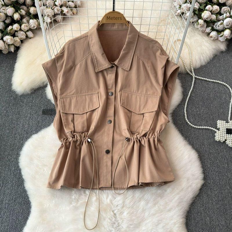 

South Korea Chic Summer New Arrival Retro Design Niche Style Drawstring Lace Waist Trimming Short Parka Vest Coat Women Curry color One size
