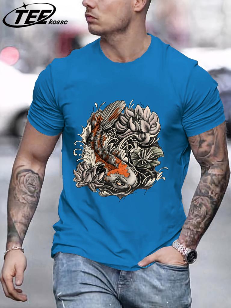 Japanese Harajuku Lotus Koi Print T Shirt Men Fashion AllMatch Streetwear Crewneck Cotton Clothing Unisex Summer Loose TShirts
