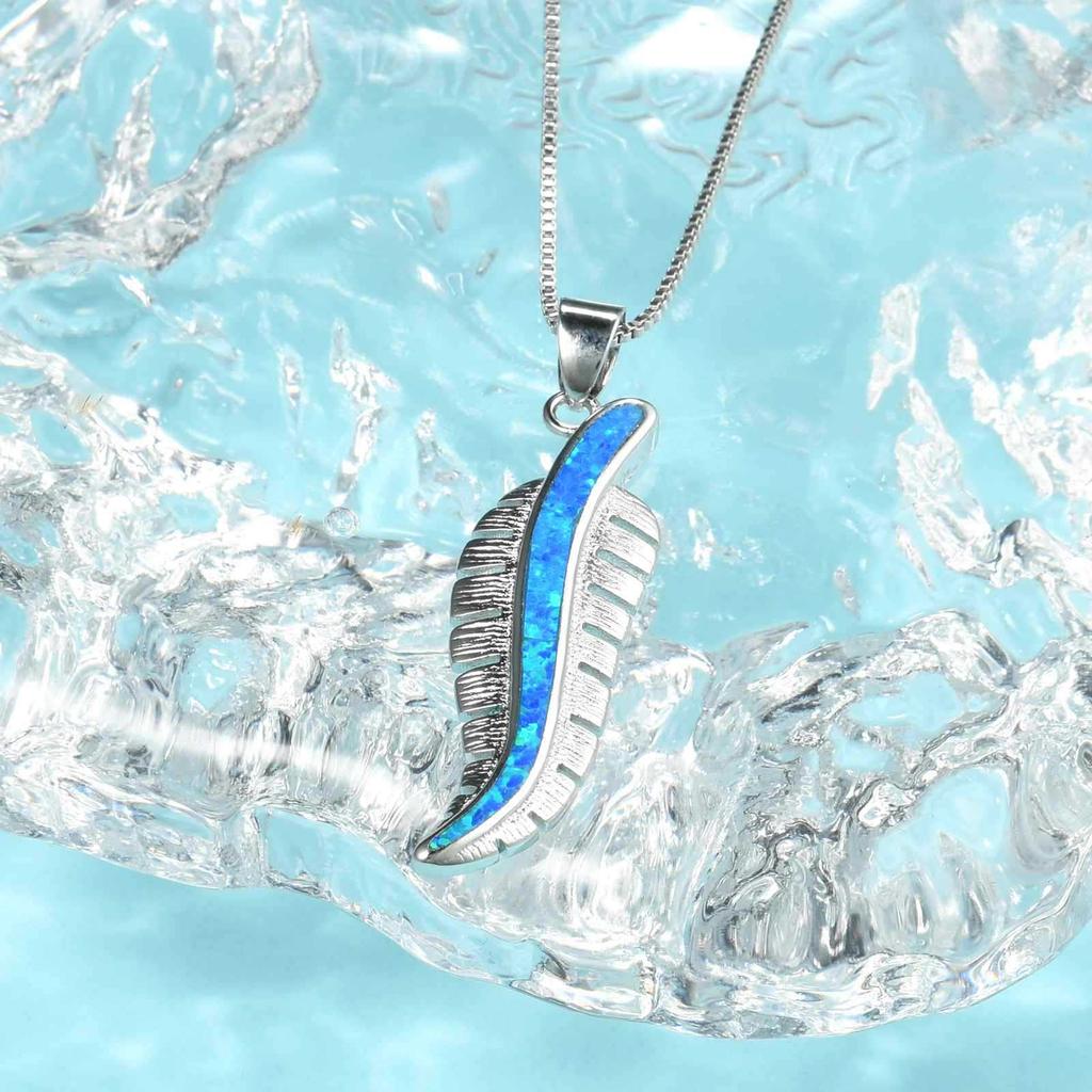 Trending TikTok INS Blue Copper Alloy Feather Necklace-Opal Inlaid Pendant Silver Plated Women's Trendy Sweater Chain Jewelry