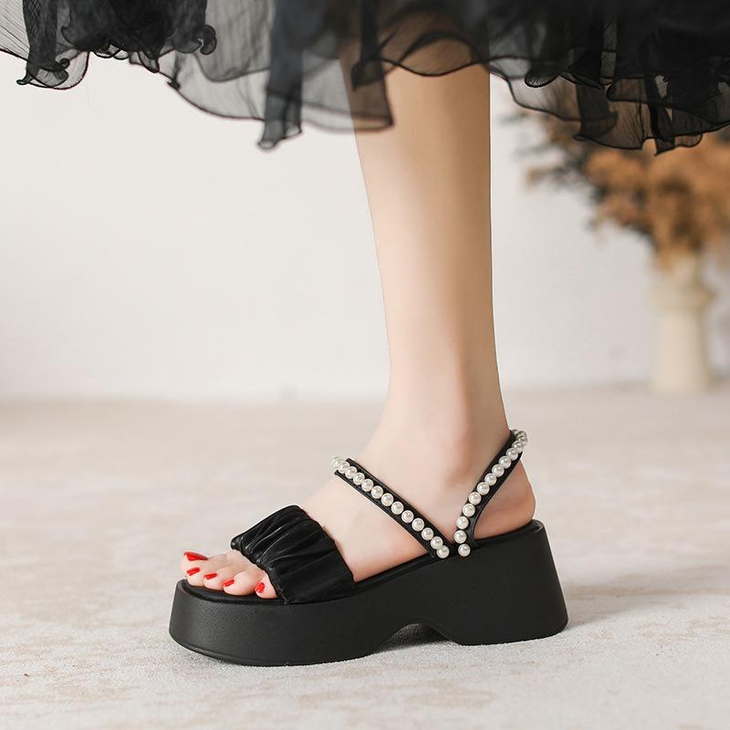 Slippers women wear new summer high heels muffin beach sandals platform women's shoes pearl two wear cool slippers