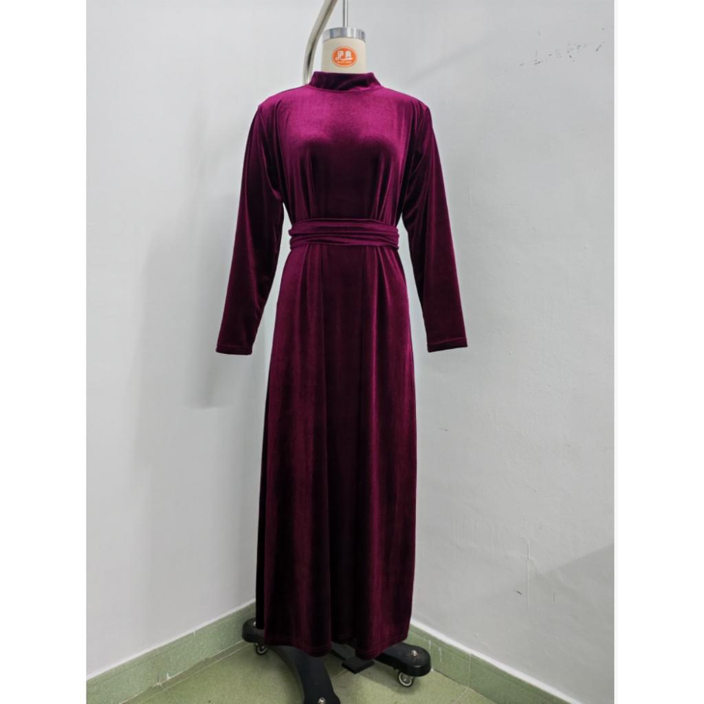 Fall Winter Women's Velvet Long Sleeve Midi Dress High Waist Slimming Elegant Large Swing Dress