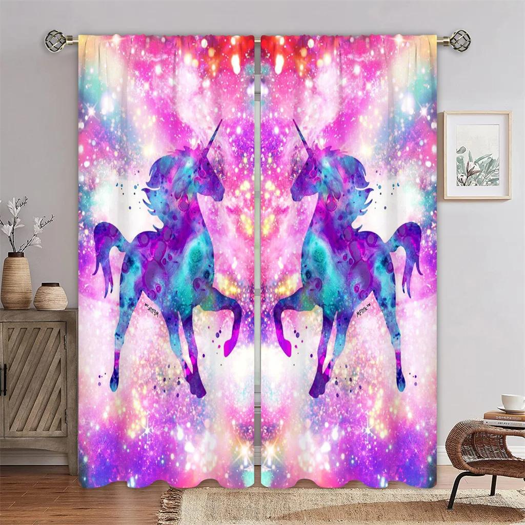 3D Rainbow Horned Horse Sunshade Curtains, 2 Panels, Suitable for Bedroom, Living Room, Kids Room, Office, Home Decoration