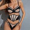 Sexy Lingerie Women'S 3-Pieces Exotic Underwear Garter Belt Sets Mesh Glitter Patchwork Push Up Bra Transparent Erotic Costumes