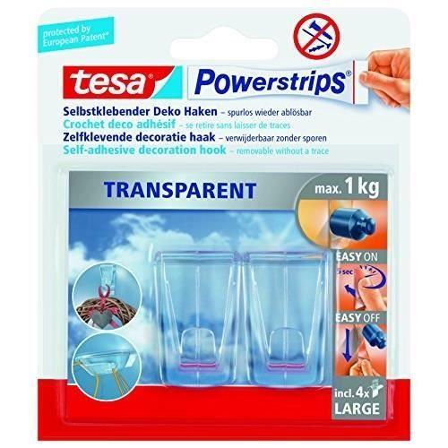 Crochets - TESA - Powerstrip Deco - Transparent - Lot De 2 + 4 Crochets Large - 1 Kg Max