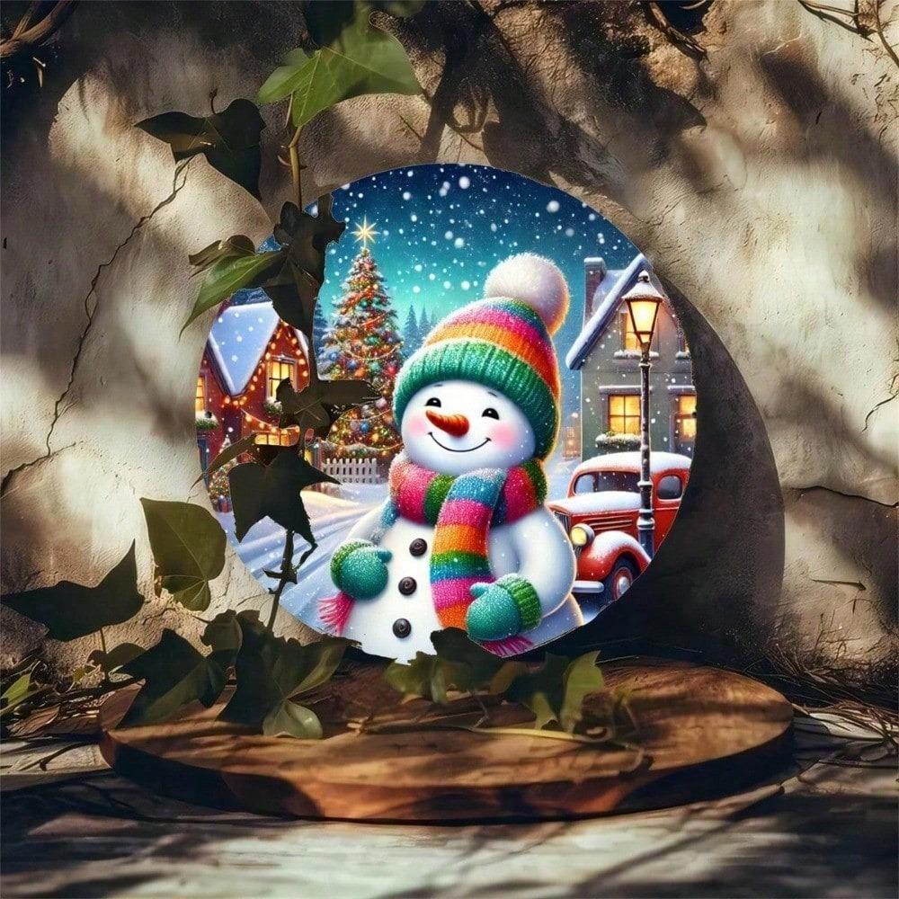 Vintage Santa Snowman Metal Sign Round Wall Art Holiday Home Decor Farmhouse Bar Aluminum