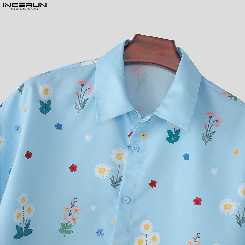 INCERUN Oversized Men Turn-down Collar Dropped Shoulder Button Up Print Casual Cropped Shirts