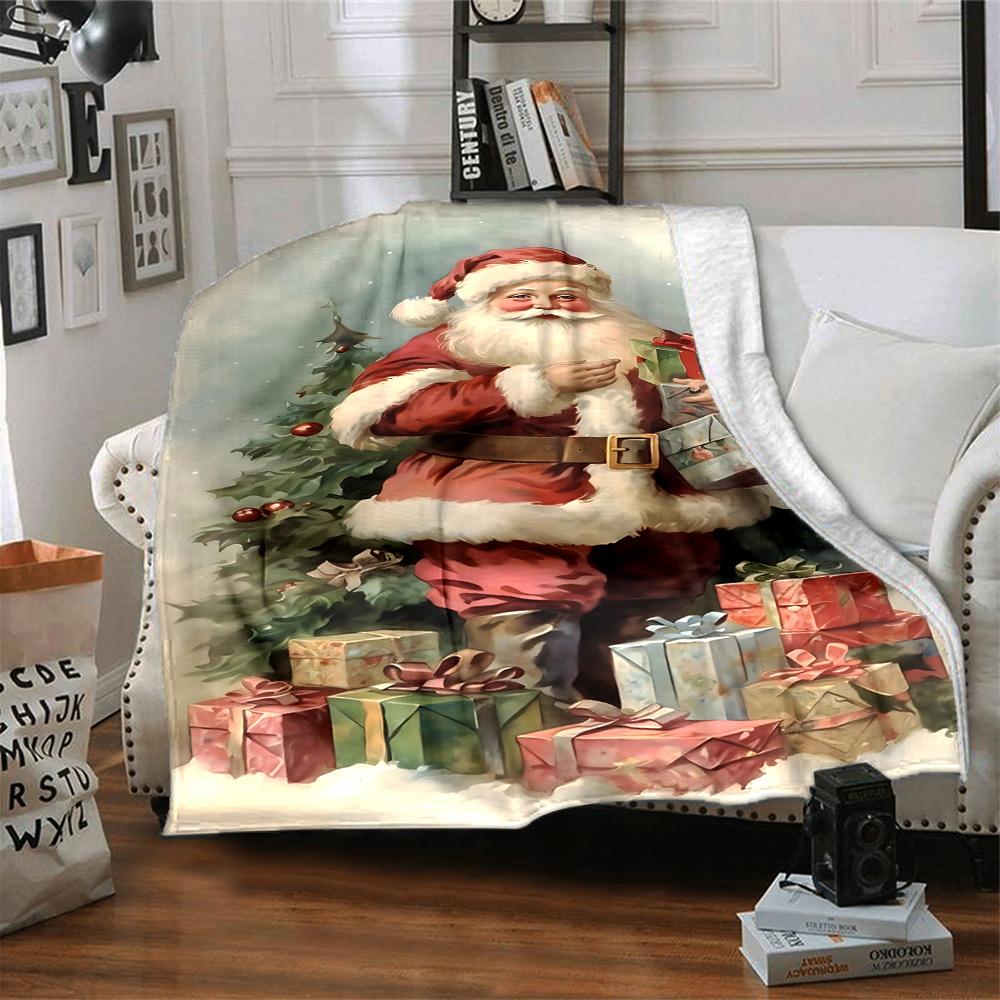 1pc Christmas Santa Claus Blanket Lightweight Flannel Throw for Sofa Bed Travel Camping Livingroom Office Couch Chair