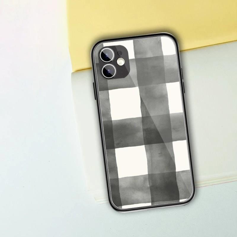 Black White Checkered Phone Case For IPhone 13 12 11 XS X 8 7 6 Plus Mini Pro Max SE 2022 Black PC TPU Glass Phone Cover