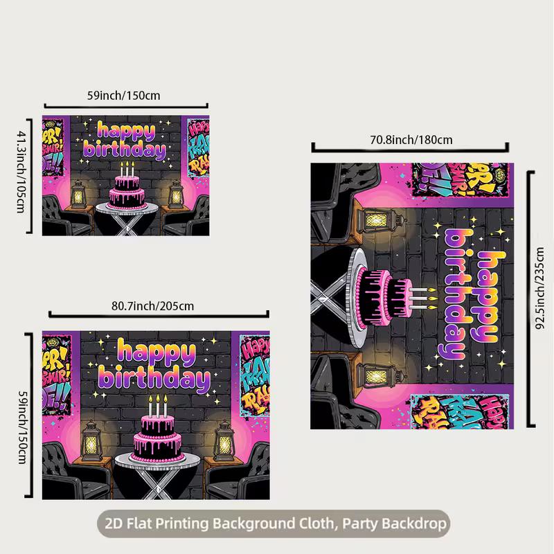 2D Happy Birthday Backdrop Banner, Graffiti Style Pink and Black Party Decor