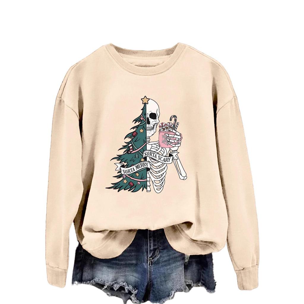 Fun Fashion Crewneck Sweatshirt: "Sorta Merry, Sorta Scary" Long-Sleeve for Autumn/Winter
