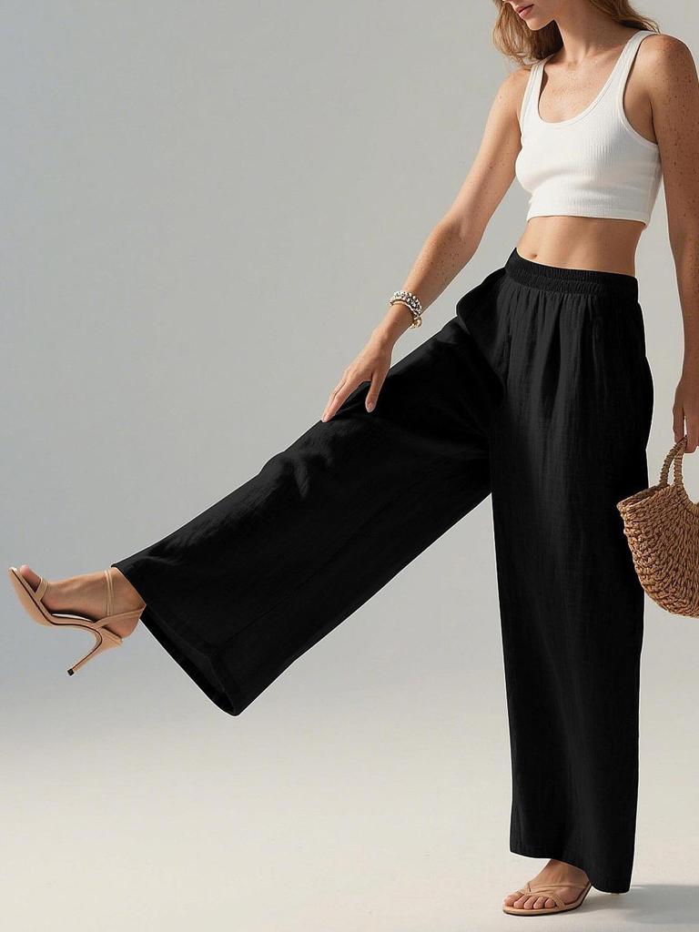 Women's Flowy Linen Wide-Leg Pants - Summer Beach Travel Wear with Elastic Waist & Pockets