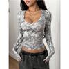 Women Exposure Of Navel Long Sleeve Sexy Retro Camouflage Branch Pattern U-neck Solid Shirt Tops Blouse