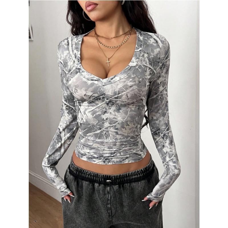 Women Exposure Of Navel Long Sleeve Sexy Retro Camouflage Branch Pattern U-neck Solid Shirt Tops Blouse