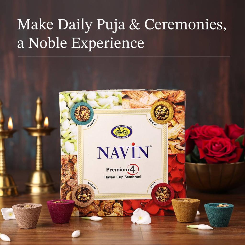 Cycle Pure Navin Premium 4-in-1 Havan Tasse Sambrani Packung mit 3 x 12 Tassen Jasmin Sandel Rose Guggul