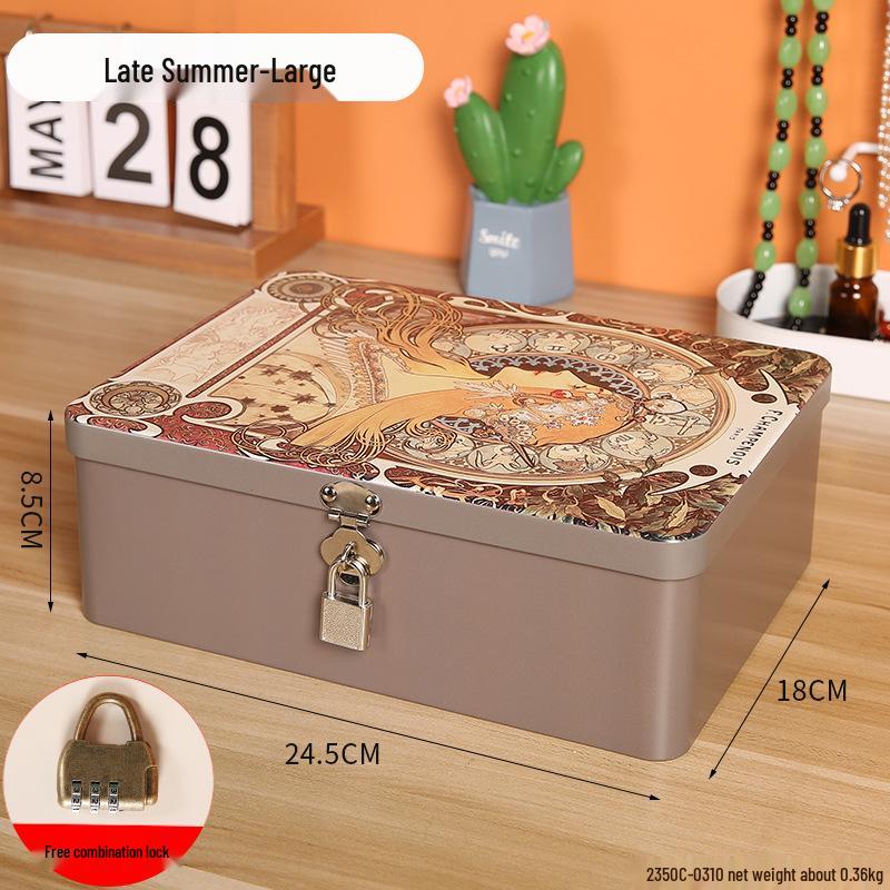 Lockable Retro Tin Box for Cosmetics, Documents, and Jewelry Storage