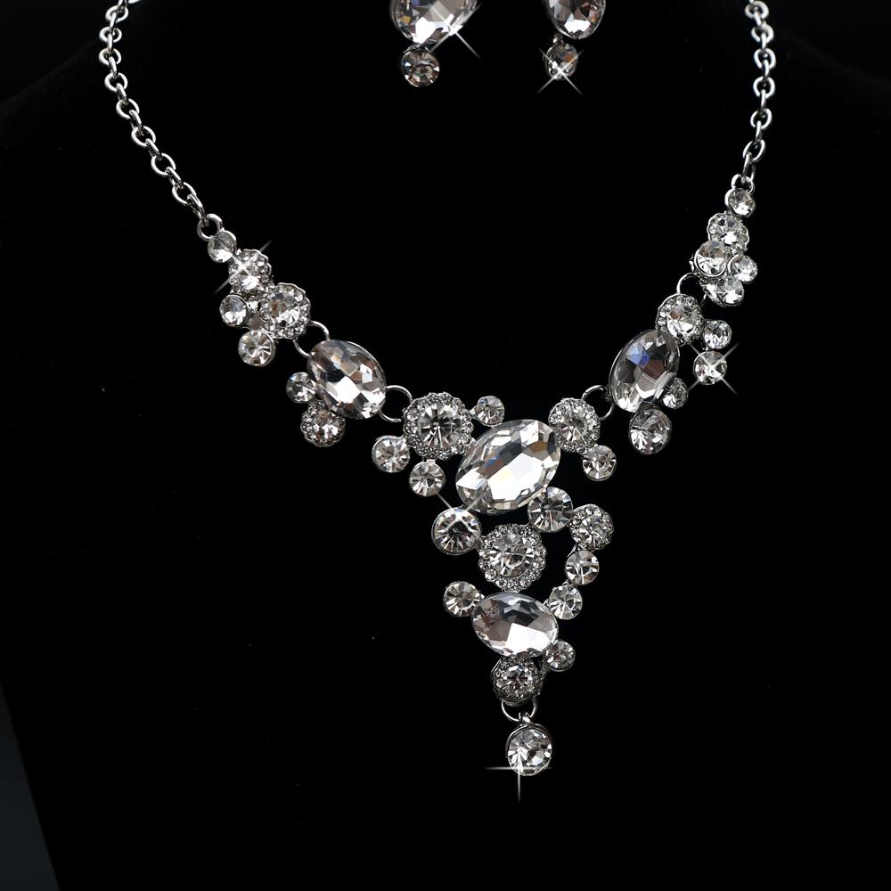 3pcs Luxurious Sparkling Round Rhinestone Splicing Alloy Necklace Earrings  Wedding Ball Dress Temperament Crystal Jewelry Set