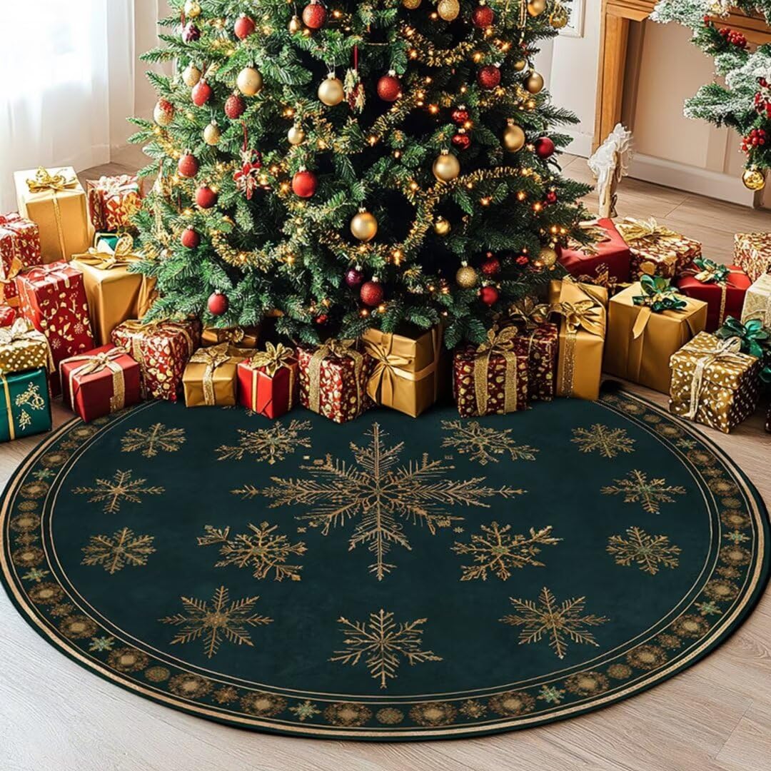 

Green Snowflake Round Holiday Rug – Washable Non-Slip Circle Mat for Bedroom Kitchen Entryway Home Decor 60cm