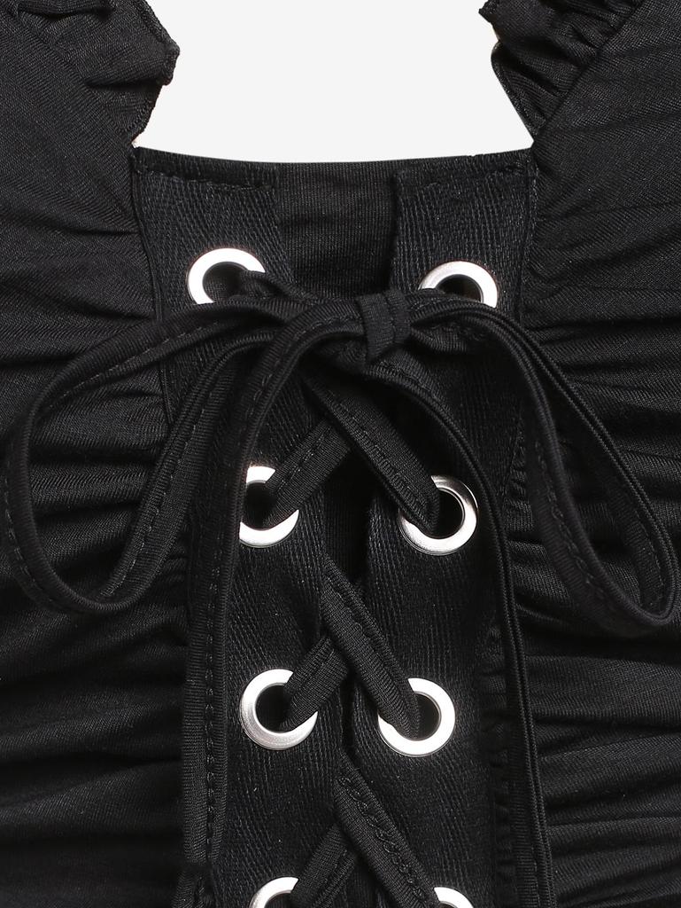 Rosegal Gothic Frilled Lace-up Ruched Crop Top