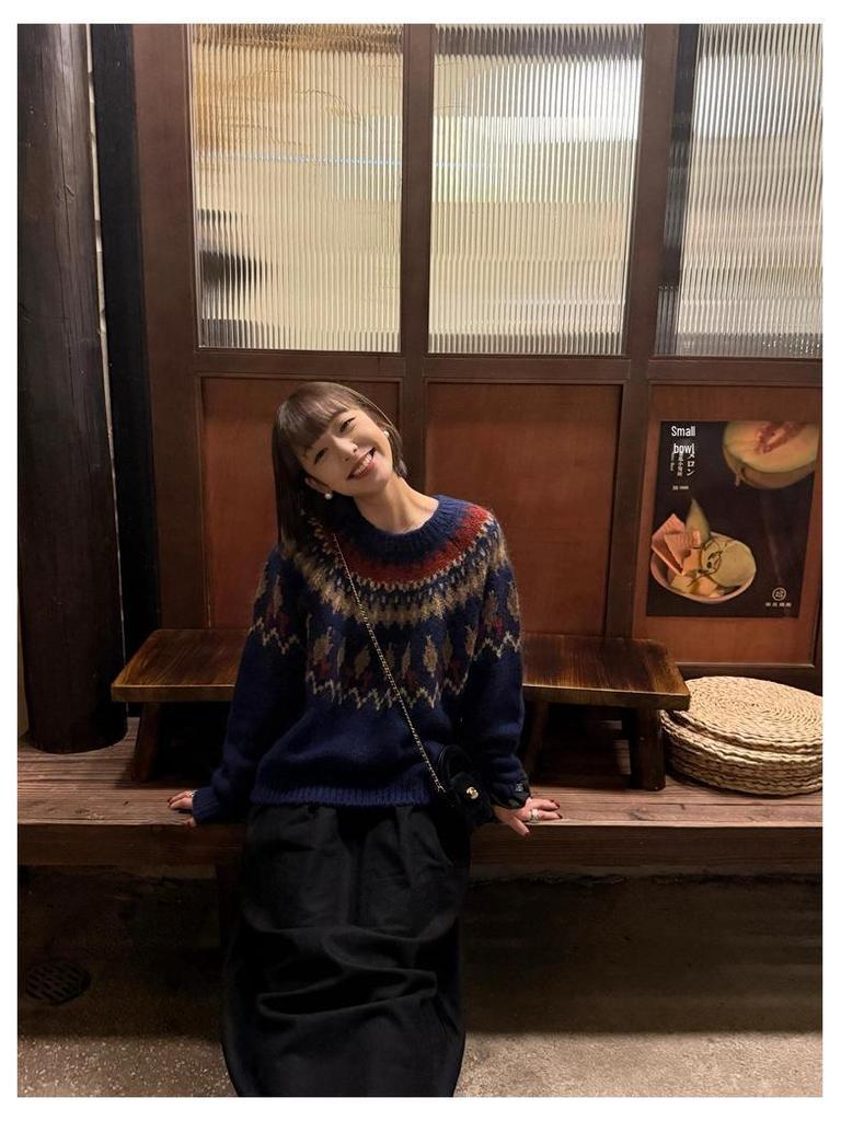 Navy Blue Fair Isle Knit Mohair Sweater for Women - Autumn/Winter Korean Style Christmas Atmosphere Loose Fit