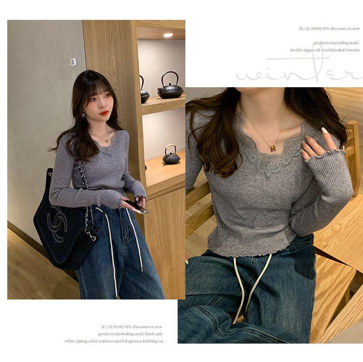 Gray Lace V-Neck Knit Sweater - Women's Slim Fit Long Sleeve Hollow Out Top for Autumn/Winter