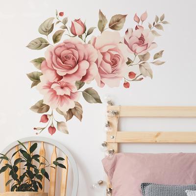 Watercolor Pink Romantic Rose Flower Leaves Bedroom Headboard Wall Decoration Wall Stickers