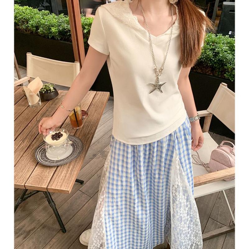 

Women s Blue Plaid Lace A-Line Skirt - Summer 2025 Collection S