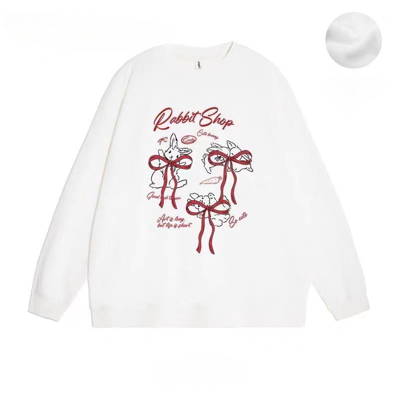 

Women Cute Rabbit Printed Hoodie Korean Loose Round Neck Female Fleece Hoodies Autumn Versatile Fashion Lady Pullover Top 2XL белый