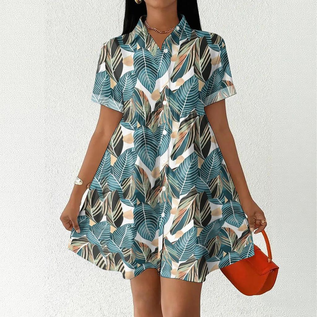 Women's Casual Loose Fit Shirt Dress Button Front Short Sleeve Collared Dress with Floral Print Suitable for Daily Wear and Outdoor Activities