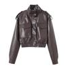 Giacca Corta da Donna con Collo Alto e Maniche Lunghe in Ecopelle PU Vestibilità Slim Chiusura con Zip Tasche Cargo Giubbotto Moto Bomber Capospalla Autunnale