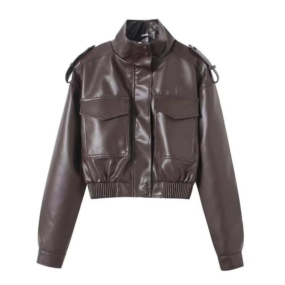 Giacca Corta da Donna con Collo Alto e Maniche Lunghe in Ecopelle PU Vestibilità Slim Chiusura con Zip Tasche Cargo Giubbotto Moto Bomber Capospalla Autunnale