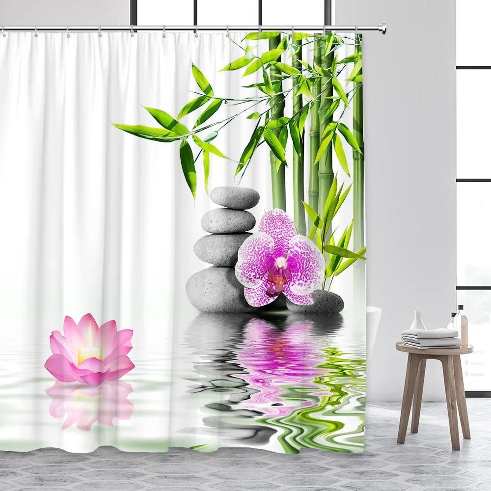 Zen Buddha Green Bamboo Shower Curtain Palm Trees Beach Ocean Flower Plant Nature Landscape Wall Hanging Bathroom Decor Curtains