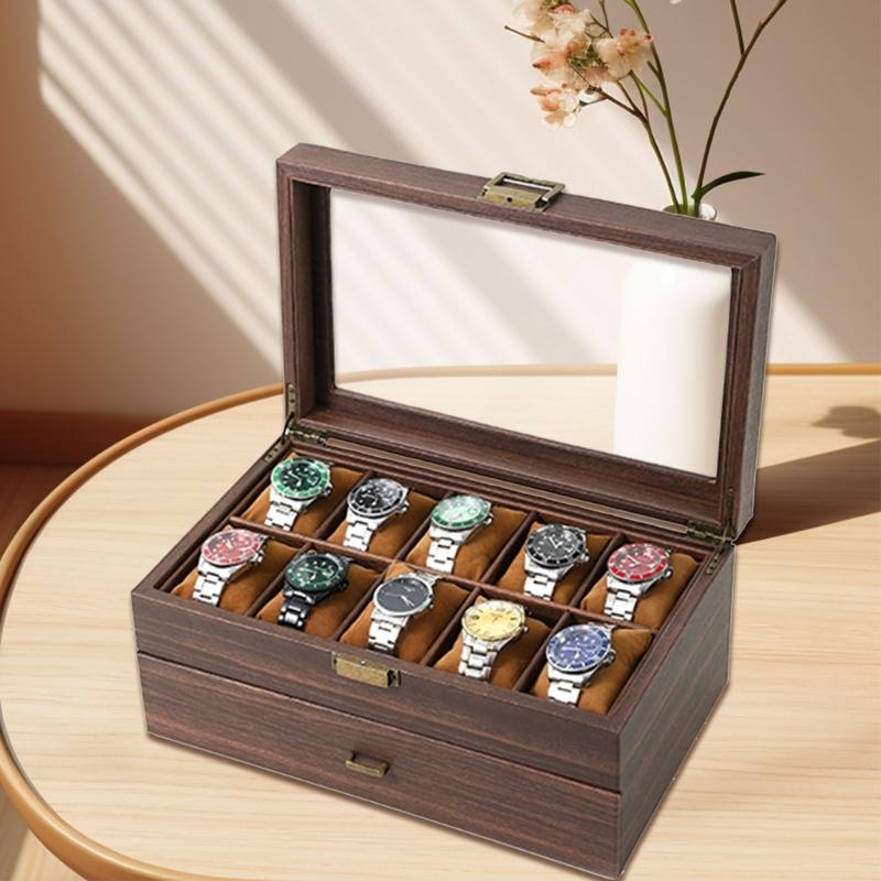 Luksusowy uchwyt do przechowywania zegarków w kolorze Espresso Stylowe etui na zegarki z 6/20 miejscami dla mężczyzn z podwójnymi warstwami i szklanym wieczkiem