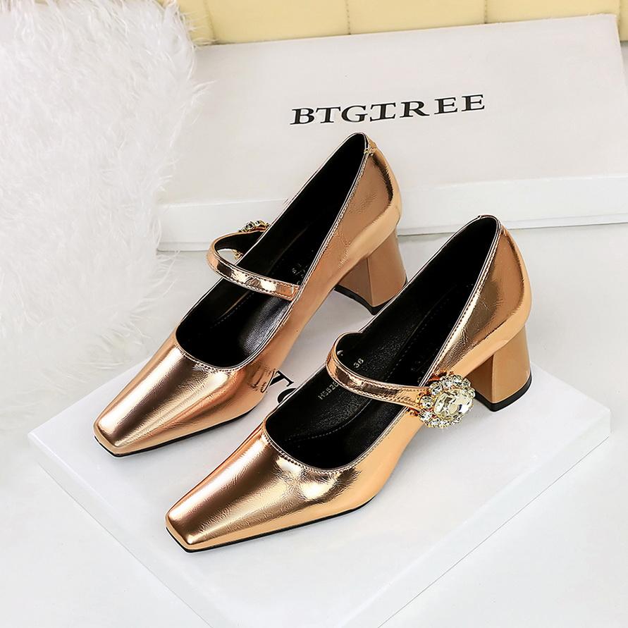 Women's Shoes with Thick Heel, Shallow Mouth, Square Toe, Rhinestone Buckle, Straight Strap, Single Shoe for Women