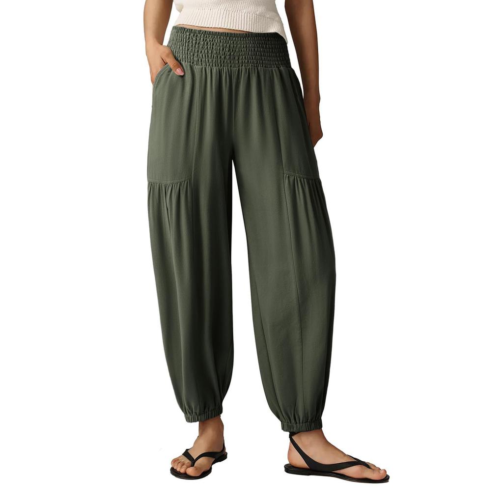 Women Elastic High Waist Pant Casual Fit Wide Leg Long Pants Trousers With Pockets