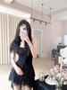 Elegant Black Spaghetti Strap Summer Mini Dress with Ruffle Skirt