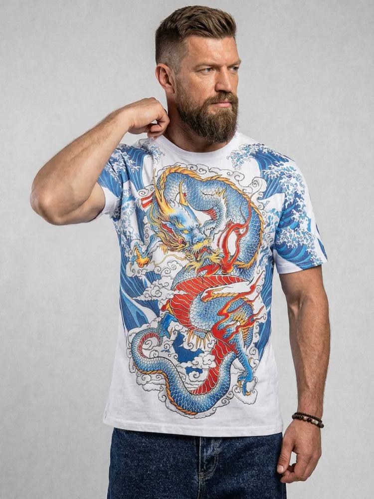 Men's Japanese Dragon Print T-Shirt, Traditional Blue Dragon & Ocean Waves Short Sleeve Casual Top