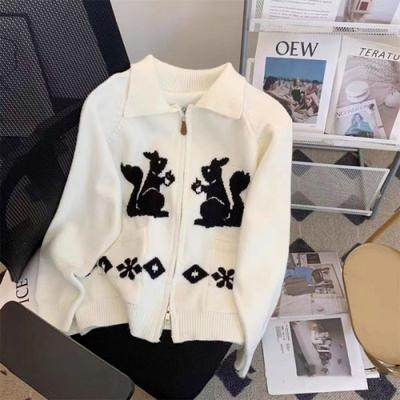 Rabbit Jacquard Lapel Zipper Sweater Jacket Women's Autumn and Winter Retro Lazy Wind Contrasting Color Soft Waxy Knitted Cardigan