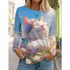 Women's Cute Cat Long Sleeve T-Shirt, Round Neck Long Sleeve Autumn Top, Festival Gift Clothing, Fashion Party T-Shirt
