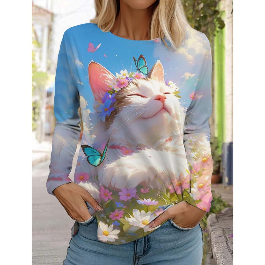 Women's Cute Cat Long Sleeve T-Shirt, Round Neck Long Sleeve Autumn Top, Festival Gift Clothing, Fashion Party T-Shirt