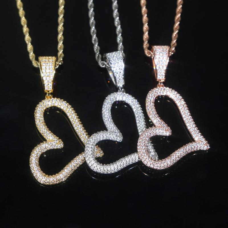 Valentine's Day Gift Iced Out Bling Micro 5A CZ Cubic Zirconia Paved Hollow Heart Pendant Necklace Hip Hop Fashion Jewelry