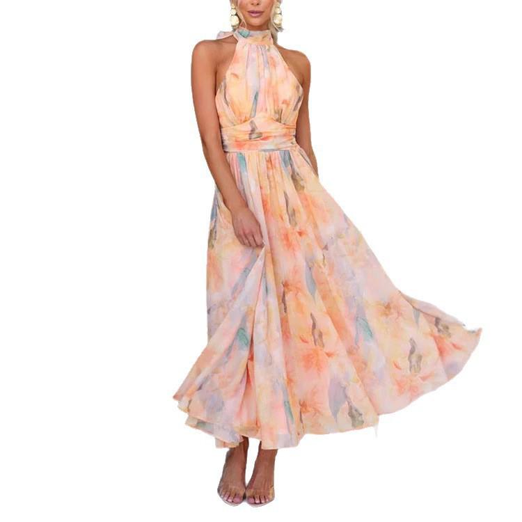 Women's Floral Halter Neck High Neck Maxi Dress with Fitted Waist