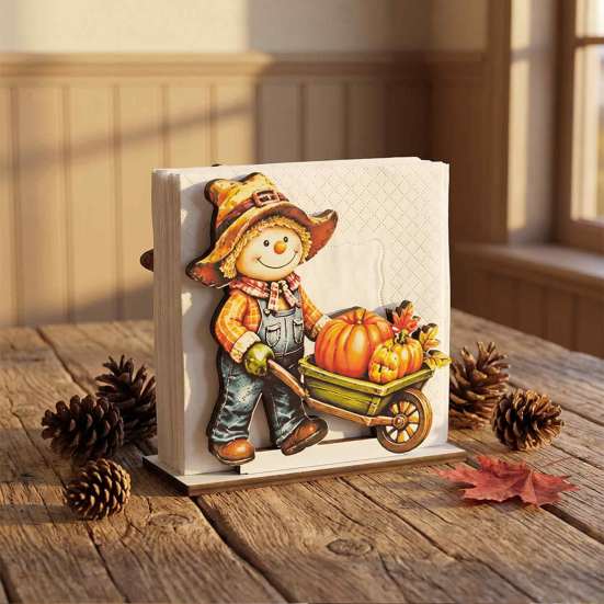 Decorative Napkin Stand for Kitchen Fall Scarecrow Wooden Holder, Harvest Pumpkin Rustic Ornaments Dispenser, Thanksgiving Farmhouse Tabletop